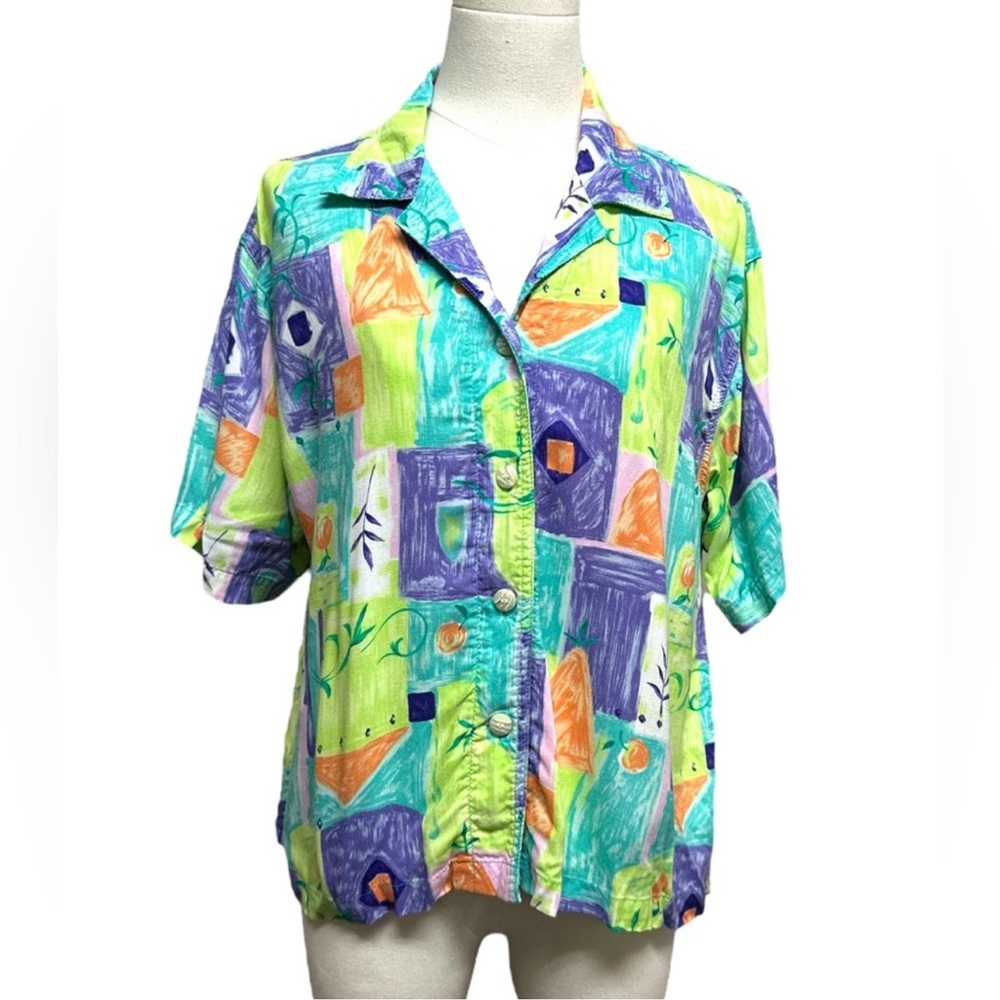 Weekend Clothes Line Retro 80’s Womens Shirt Sz L Green Blue Floral Print Rayon - Picture 9 of 9
